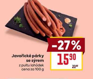 Javořické párky se sýrem z pultu lahůdek cena za 100 g