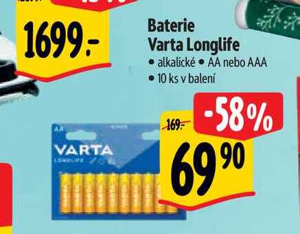  Baterie Varta Longlife  alkalické AA nebo AAA • 10 ks   