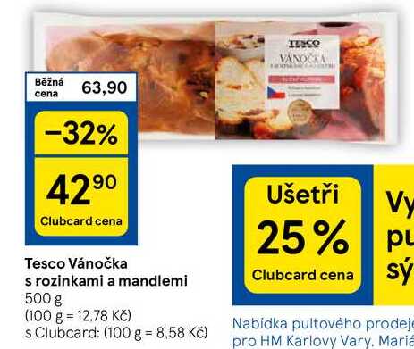 Tesco Vánočka s rozinkami a mandlemi, 500 g 