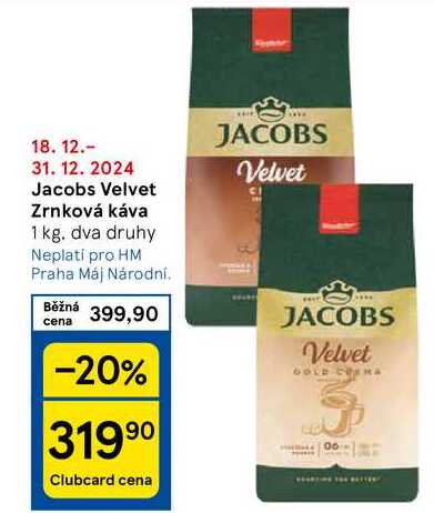 Jacobs Velvet Zrnková káva, 1 kg