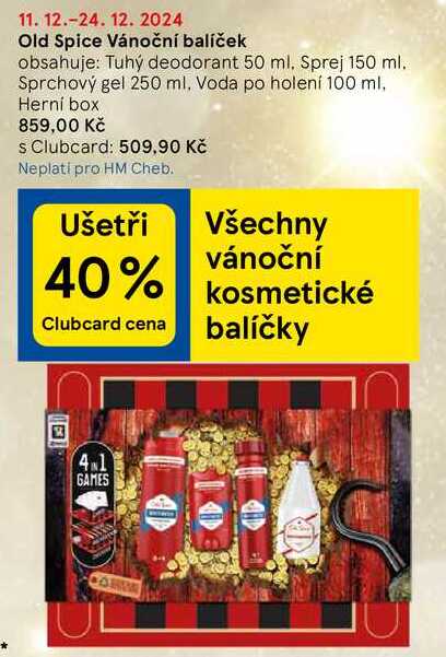 Old Spice Vánoční balíček obsahuje: Tuhý deodorant 50 ml. Sprej 150 ml. Sprchový gel 250 ml, Voda po holení 100 ml. Herní box