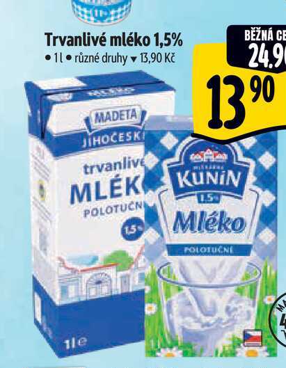 Trvanlivé mléko 1,5%  1 l 