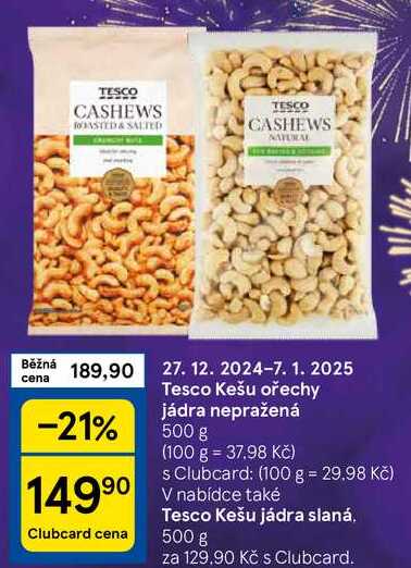 Tesco Kešu ořechy jádra nepražená, 500 g 