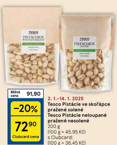 Tesco Pistácie neloupané pražené nesolené, 200 g