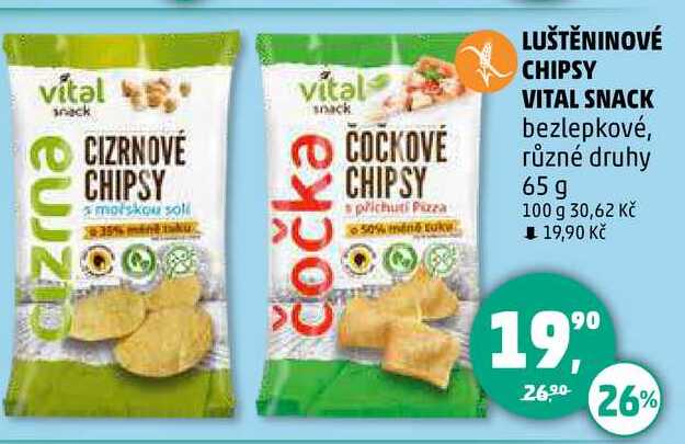 LUŠTĚNINOVÉ CHIPSY VITAL SNACK bezlepkové, různé druhy, 65 g 