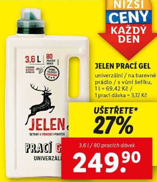 JELEN PRACÍ GEL, 3,6 l/80 pracích dávek 