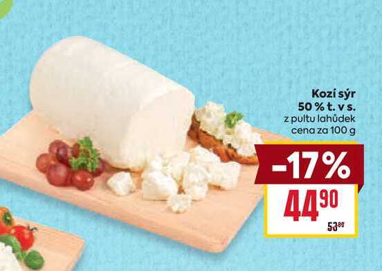 Kozí sýr 50% t. vs. z pultu lahůdek cena za 100 g