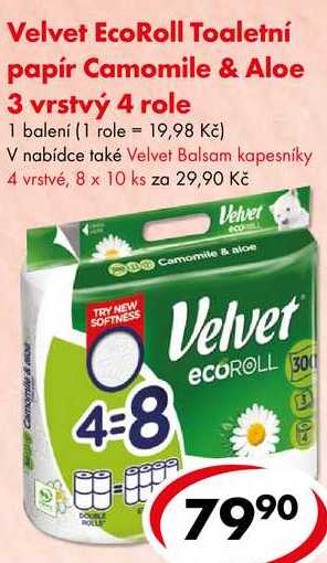 Velvet EcoRoll Toaletní papír Camomile & Aloe 3 vrstvý, 4 role