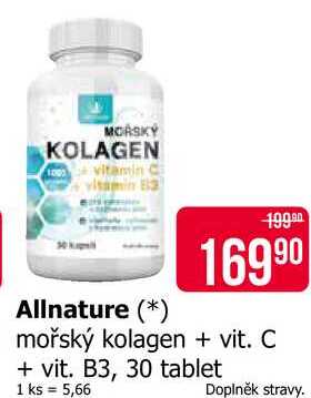 Allnature mořský kolagen + vit. C + vit. B3, 30 tablet