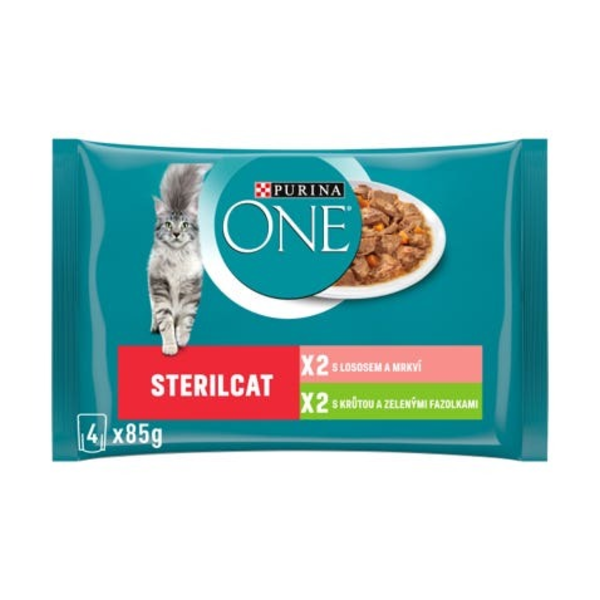 Purina ONE Sterilcat Mini filetky s krůtím a zelenými fazolkami/s lososem a mrkví 4x85g