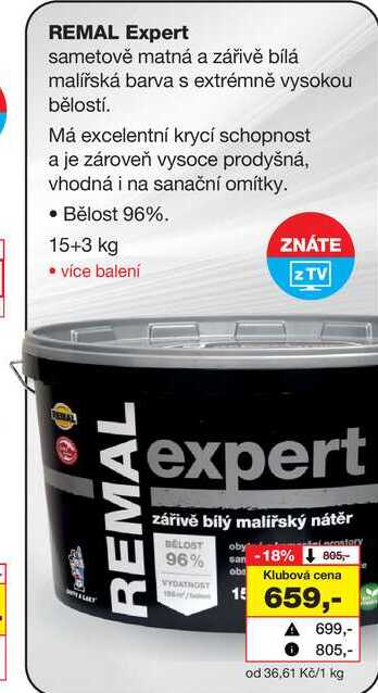 REMAL Expert sametově matná a zářivě bílá malířská barva s extrémně vysokou bělostí. Má excelentní krycí schopnost a je zároveň vysoce prodyšná, vhodná i na sanační omítky. • Bělost 96%. 15+3 kg