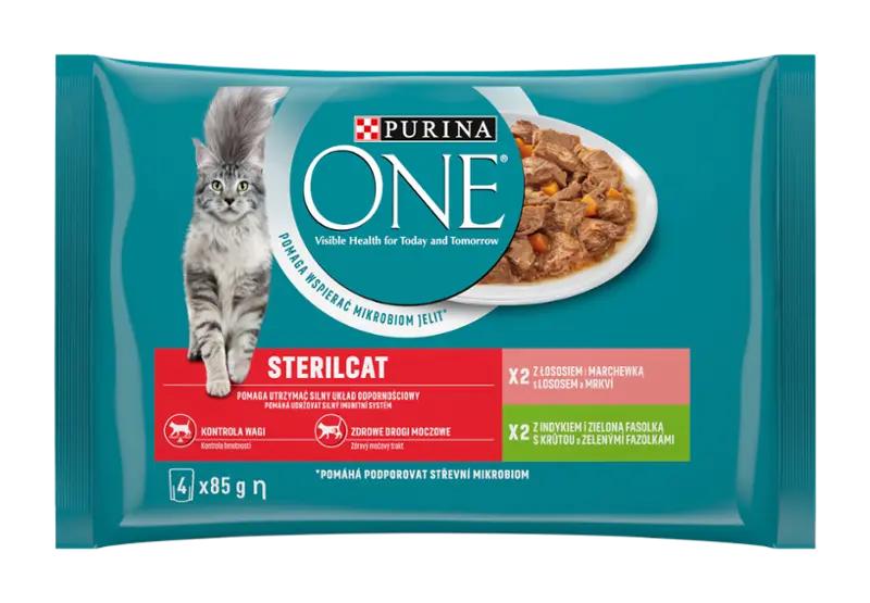 PURINA ONE Kapsička pro kočky Sterilcat s krůtou a zelenými fazolkami, s lososem a mrkví ve šťávě multipack 4x 85 g, 340 g