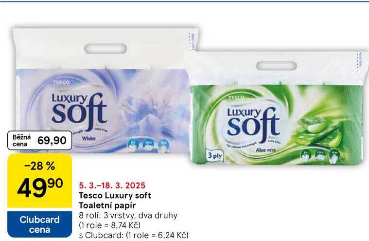 Tesco Luxury soft Toaletní papír, 8 rolí, 3 vrstvy