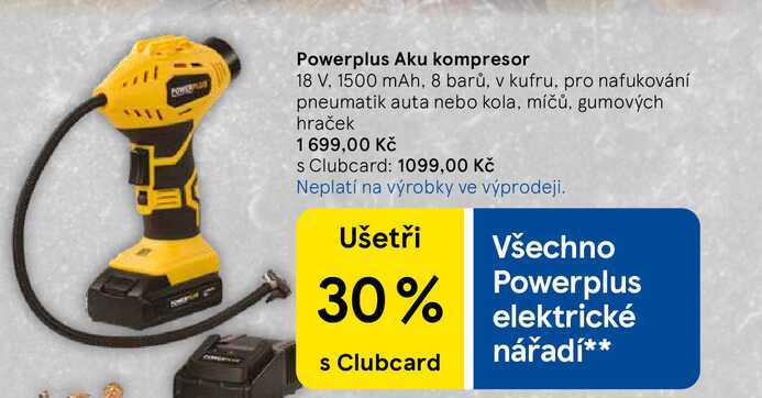 Powerplus Aku kompresor 18 V. 1500 mAh, 8 barů, v kufru, pro nafukování pneumatik auta nebo kola, míčů, gumových hraček