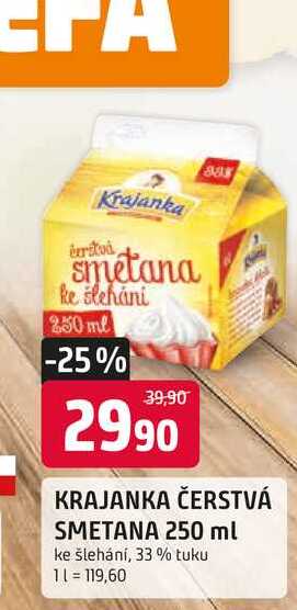 KRAJANKA ČERSTVÁ SMETANA 250 ml ke šlehání, 33% tuku