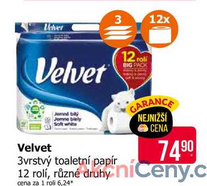 Velvet 3vrstvý toaletní papír 12 rolí, různé druhy 