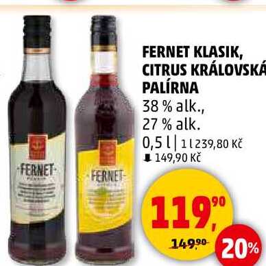 FERNET KLASIK, CITRUS KRÁLOVSKÁ PALÍRNA 38% alk., 27% alk., 0,5 l