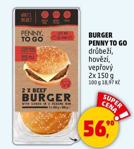 BURGER PENNY TO GO drůbeží, hovězí, vepřový, 2x 150 g
