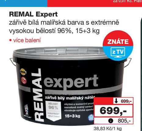 REMAL Expert zářivě bílá malířská barva s extrémně vysokou bělostí 96%, 15+3 kg 