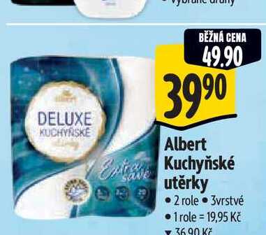  DELUXE KUCHYNSKE BĚŽNÁ CENA 49.90 3990 Albert Extra Kuchyňské utěrky • 2 role ⚫ 3vrstvé ⚫ 1 role = 19,95 Kč 36.90 Kč 