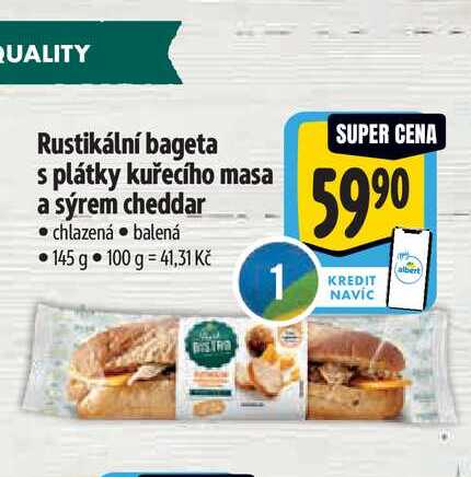   Rustikální bageta s plátky kuřecího masa a sýrem cheddar chlazená   balená 145 g 