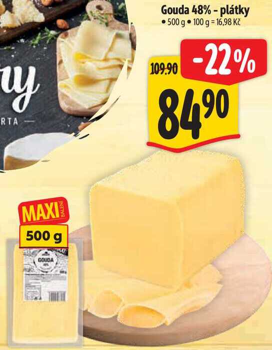 Gouda 48% - plátky, 500 g 