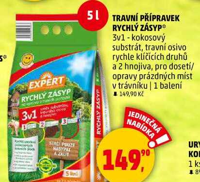 TRAVNÍ PŘÍPRAVEK RYCHLÝ ZÁSYP 3v1 - kokosový substrát, travní osivo rychle klíčících druhů a 2 hnojiva, pro dosetí/ opravy prázdných míst v trávníku, 1 balení