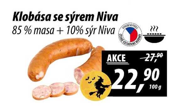 Klobása se sýrem Niva 85% masa + 10% sýr Niva, 100g 