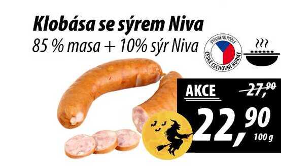 Klobása se sýrem Niva 85% masa + 10% sýr Niva, 100 g 