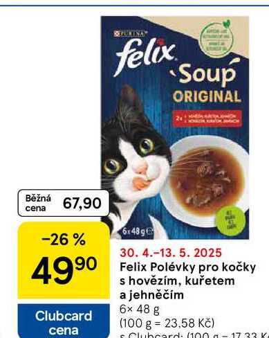 Felix Polévky pro kočky s hovězím, kuřetem a jehněčím, 6x 48 g