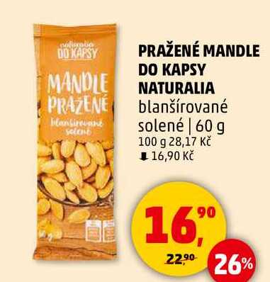 PRAŽENÉ MANDLE DO KAPSY NATURALIA blanšírované solené, 60 g 
