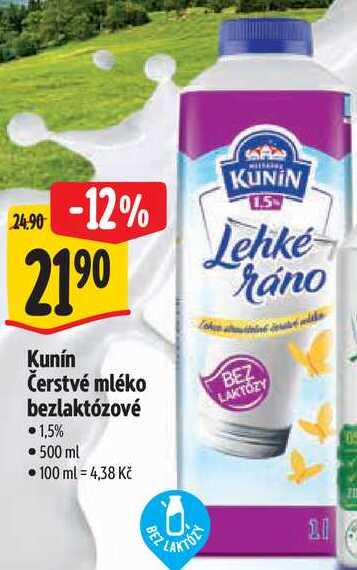 Kunín Čerstvé mléko bezlaktózové, 500 ml 