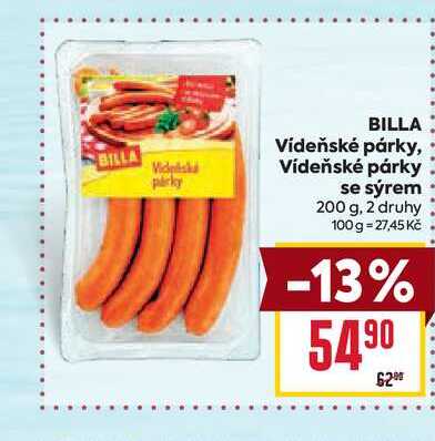BILLA Vídeňské párky, Vídeňské párky se sýrem 200 g