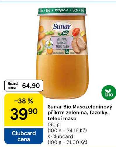 Sunar Bio Masozeleninový příkrm zelenina, fazolky, telecí maso, 190 g 