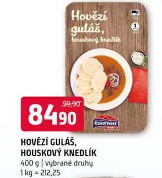Hovězí guláš, houskový knedlik 400 g vybrané druhy