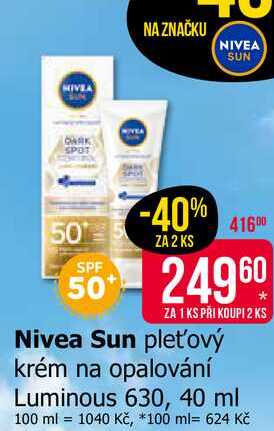 Nivea Sun pleťový krém na opalování Luminous 630, 40 ml 