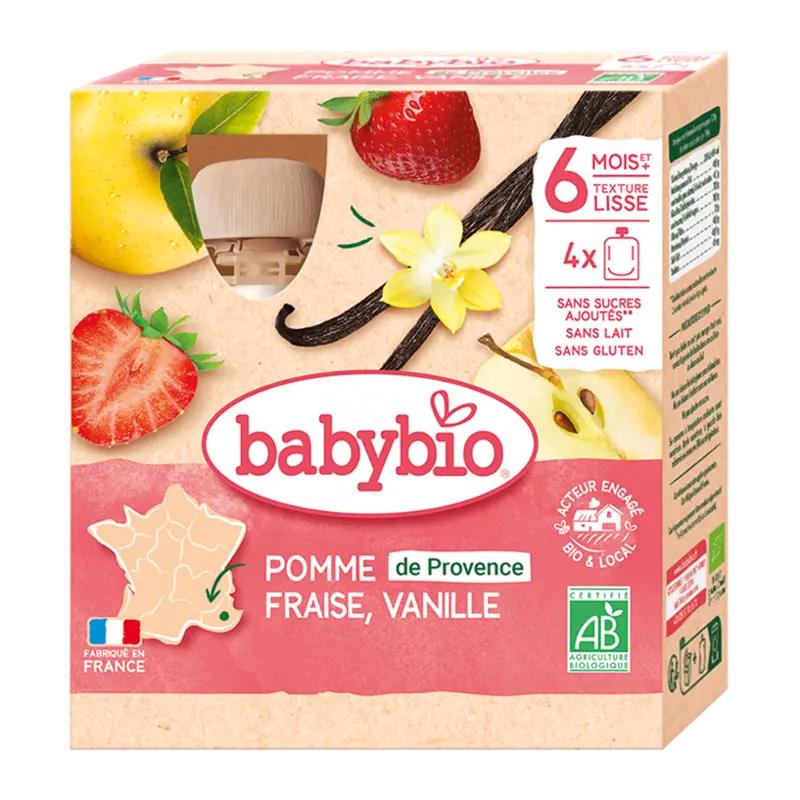 Babybio BIO ovocný příkrm jablko, jahoda a vanilka 4 x 90 g, 360 g