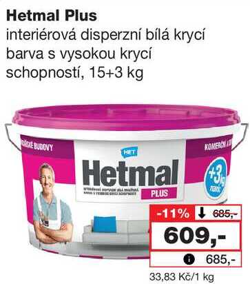 Hetmal Plus interiérová disperzní bílá krycí barva s vysokou krycí schopností, 15+3 kg