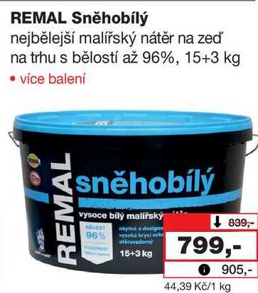 REMAL Sněhobílý nejbělejší malířský nátěr na zeď na trhu s bělostí až 96%, 15+3 kg 