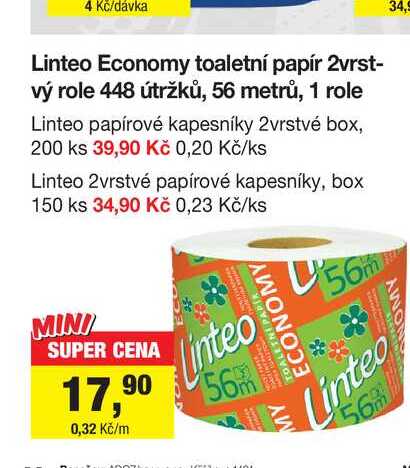 Linteo Economy toaletní papír 2vrstvý role 448 útržků, 56 metrů, 1 role 