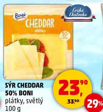 SÝR CHEDDAR 50% BONI plátky, světlý, 100 g