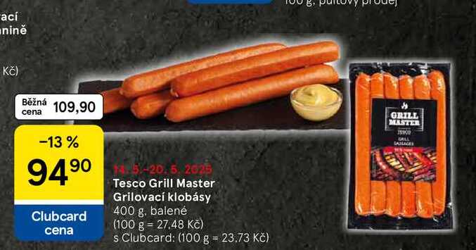 Tesco Grill Master Grilovací klobásy, 400 g, balené  