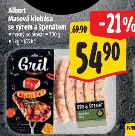 Albert Masová klobása se sýrem a špenátem  300 g