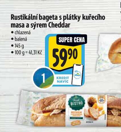 Rustikální bageta s plátky kuřecího masa a sýrem Cheddar 145 g