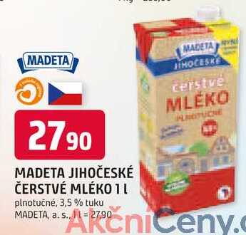 MADETA JIHOČESKÉ ČERSTVÉ MLÉKO 1l plnotučné, 3,5 % tuku