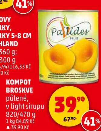 KOMPOT BROSKVE půlené, v light sirupu, 820/470 g  