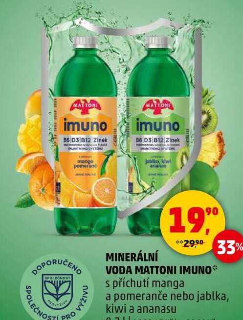 MINERÁLNÍ VODA MATTONI IMUNO s příchutí manga a pomeranče nebo jablka, kiwi a ananasu, 0,7 l  
