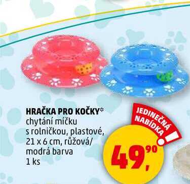 HRAČKA PRO KOČKY chytání míčku s rolničkou, plastové, 21 x 6 cm, růžová/ modrá barva, 1 ks 