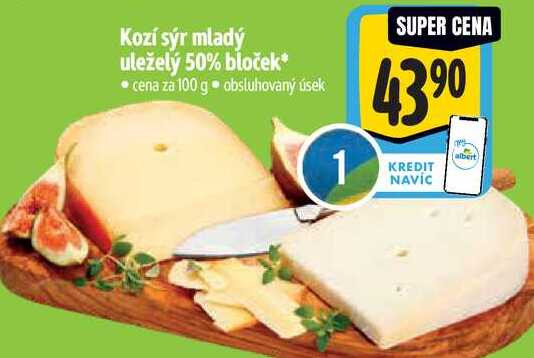 Kozí sýr mladý uleželý 50% bloček, cena za 100 g 