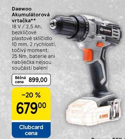 Daewoo Akumulátorová vrtačka, 18 V / 2.5 Ah. bezklíčové plastové sklíčidlo 10 mm, 2 rychlosti 